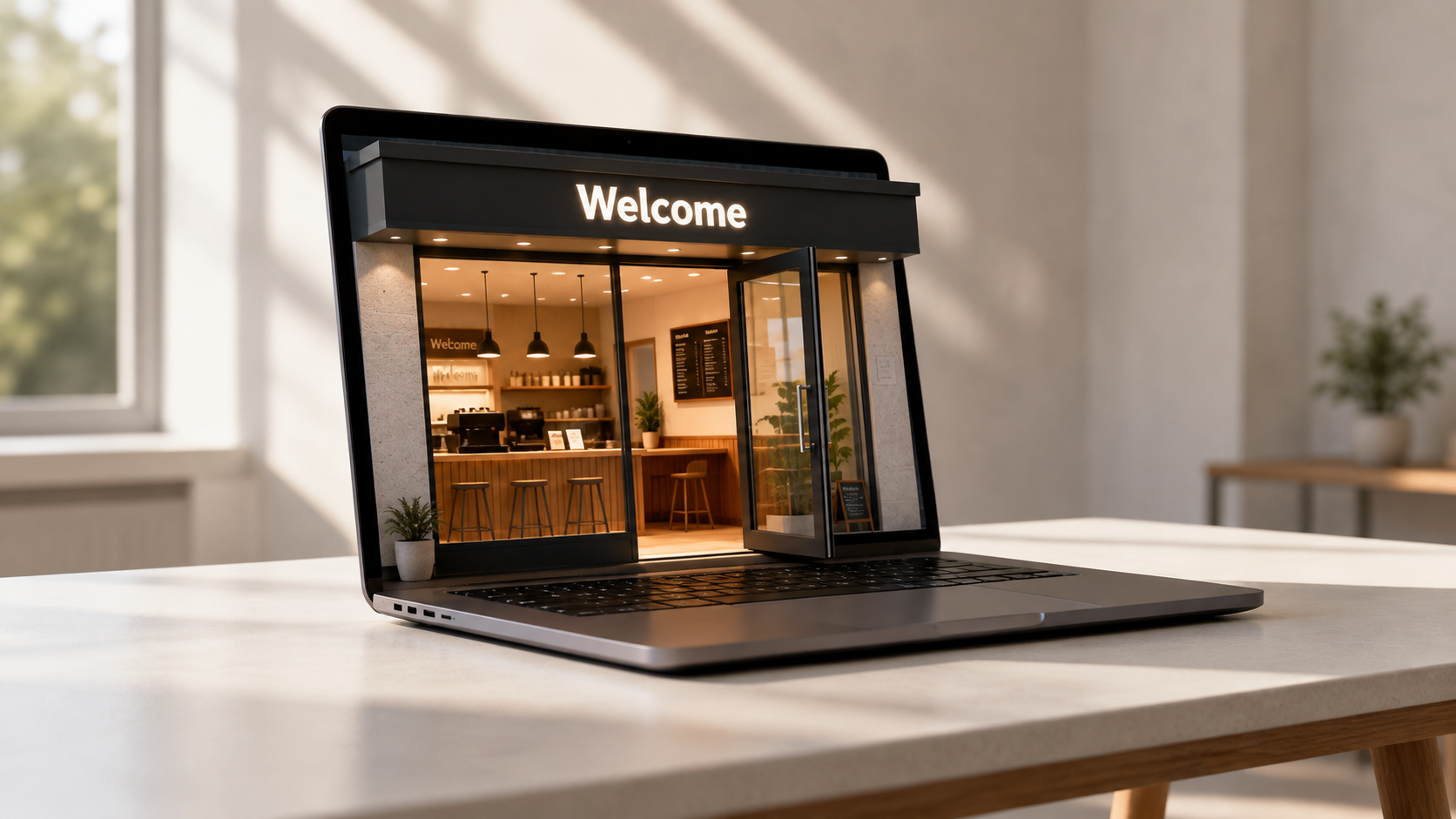 A business storefront shown on a laptop